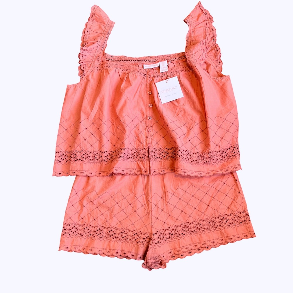 Shabby Chic NEW Eyelet Lace 100% Cotton Embroidered 2 Piece Pajamas Light Medium - Picture 2 of 15